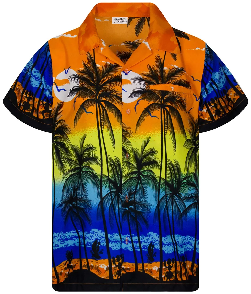 King Kameha Koszula hawajska - koszula z krótkim rękawem - letnia koszula - koszula imprezowa, Jk_beach-orange, 5XL
