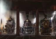 Plakaty - Steam locomotives in the roundhouse of the Durango &amp; Silverton Narrow Gauge Scenic Railroad in Durango, Colorado., Carol Highsmith - plakat 91,5x6 - miniaturka - grafika 1