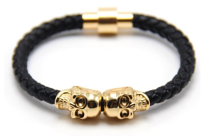 Męska bransoletka biżuteria czarne plecione z czaszkami złoty