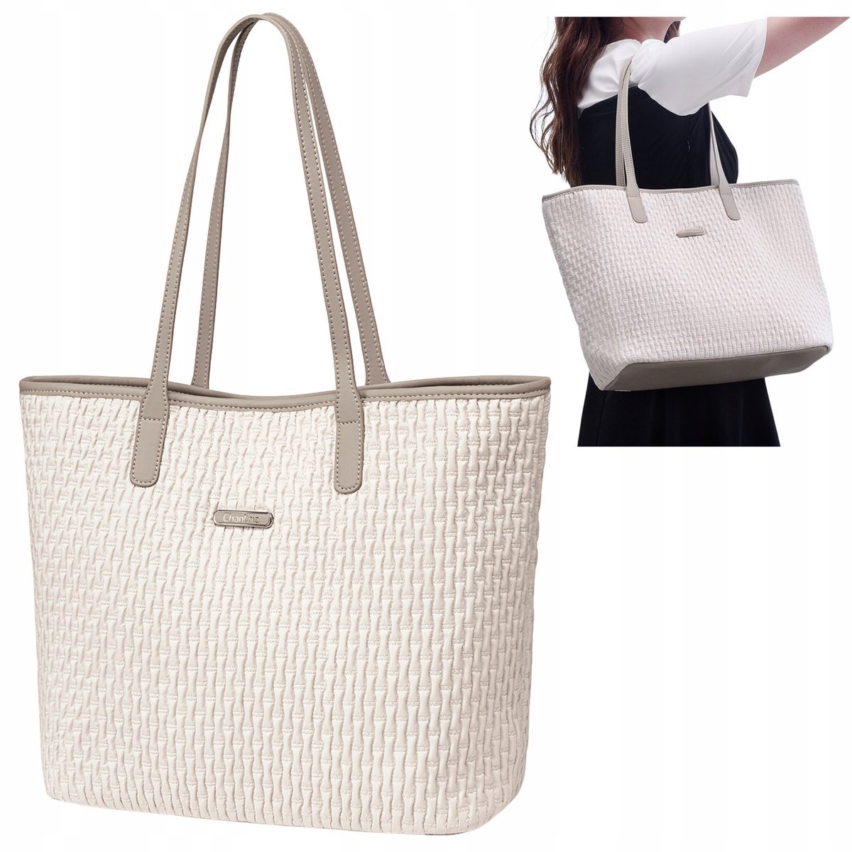 Torba damska shopper biała klasyczna pojemna 15,6 l wodoodporna na uczelnię i spotkania biznesowe. CHANTRIA CB801 White.