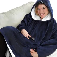 Bluzy damskie - BLUZA KOC KOCOBLUZA OVERSIZE GRUBA FUTRZAK 2w1 CIEPŁA Z KAPTUREM NIEBIESKA - miniaturka - grafika 1