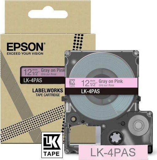 Epson LabelWorks LK-4PAS - Soft Pink/Gray - Rolle 1,2 cm 1 Kassetten Band - fur LabelWorks LW-C410, LW-C610