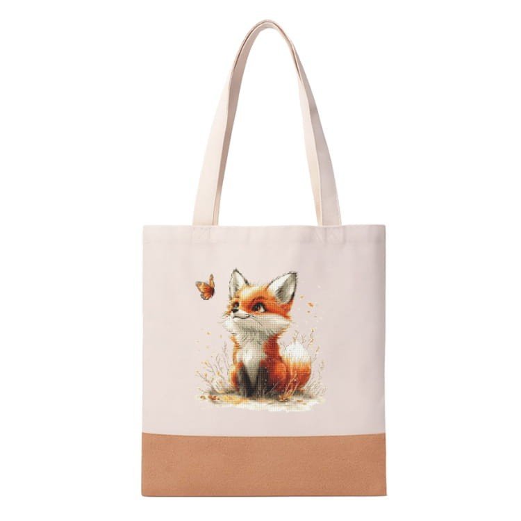 Haft krzyżykowy - Ekologiczna torba z lnu i korka z nadrukiem haftu - Lisek z motylkiem Coricamo