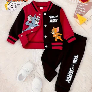 TEMU Series Chłopięca Jesień i Tom & Nadruk Literowy Modna Czarno-Czerwona Kombinacja Baseballowa Kurtka z Motocyklowym Stylizowanym Grubszą Polarową - Dresy i komplety dla chłopców - miniaturka - grafika 1