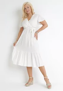 Biała Sukienka Rozkloszowana z Wiązanym Paskiem Firiel - Sukienki - miniaturka - grafika 1