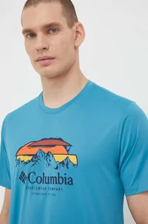 Koszulki męskie - Columbia t-shirt sportowy Columbia Hike kolor niebieski z nadrukiem - grafika 1