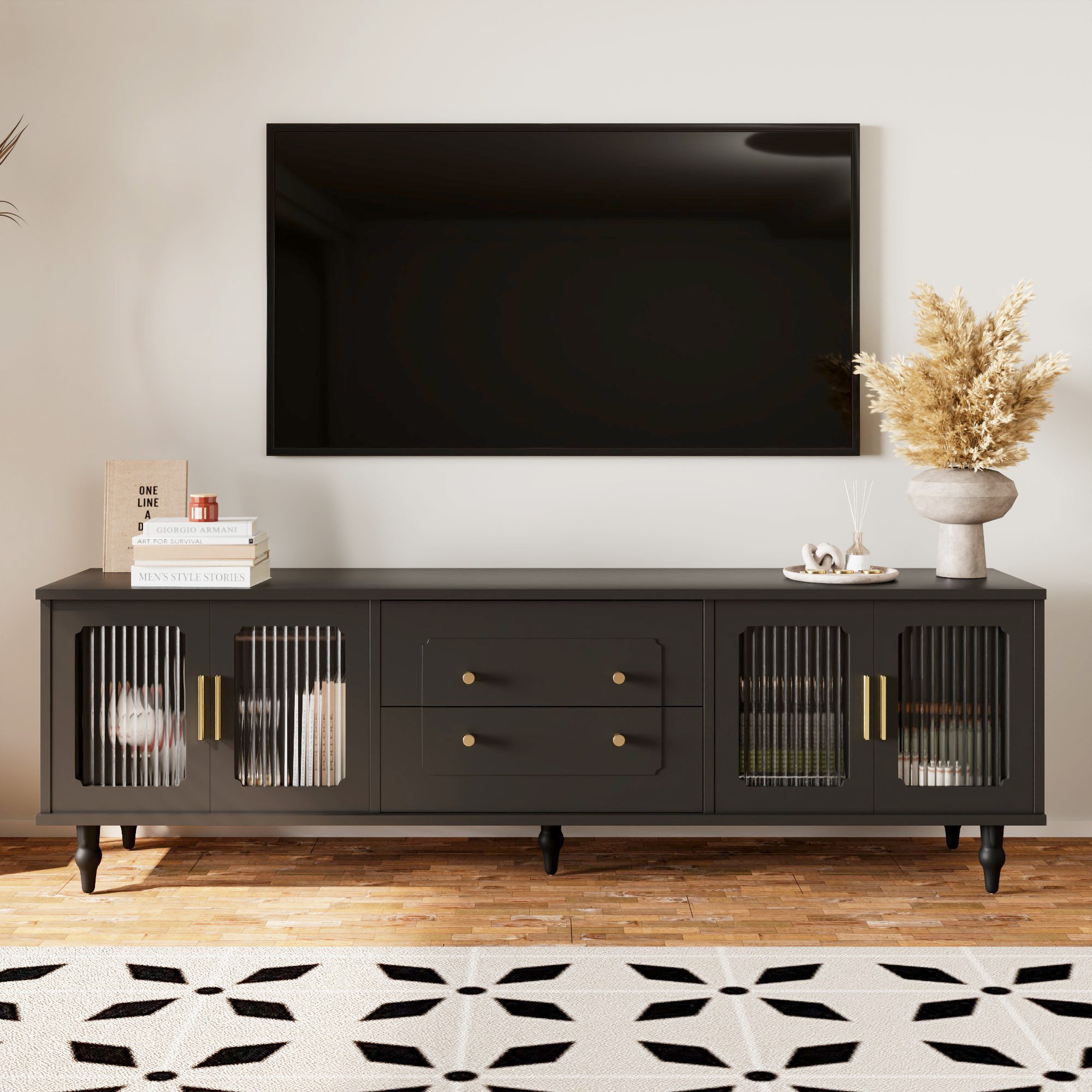 Merax szafka pod TV z szufladami i drzwiczkami, stolik pod TV ze szklanymi drzwiczkami, stolik pod TV vintage, stolik pod TV stojący, 175x38x55,5 cm, czarny