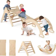 Place zabaw - 7 w 1 Łuk Trójkątny Montessori z Poduszką, do Wspinania z Drewnianą Zjeżdżalnią i Rampą, dla Niemowląt od 1 Roku Życia, Kolor Naturalny - miniaturka - grafika 1