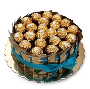 Tort ze słodyczy na prezent z cukierkami Ferrero Rocher i cejlońska czarna herbatą Dilmah Ceylon Gold (średnica 22 cm) - Zestawy upominkowe - miniaturka - grafika 1
