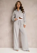 Komplety damskie - Szary Komplet Utility z Krótką Koszulą i Szerokimi Spodniami z Gumką w Talii Ondina - miniaturka - grafika 1