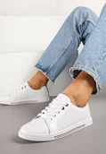Trampki damskie - Białe Płaskie Tenisówki ze Skóry Naturalnej z Perforacją i Skórzaną Wkładką Aliwa - Renee - miniaturka - grafika 1