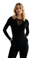 Bluzki damskie - Elegancka bluzka damska z długim rękawem GINGER z tiulowym dekoltem czarna L - miniaturka - grafika 1