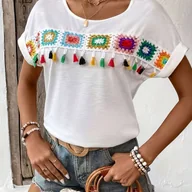 Bluzki damskie - TEMU Koszulka Damska z Białymi Wstawkami i Frędzlami - Luźny Krój, Okrągły Dekolt, Krótki Rękaw z Kolorowym Geometrycznym Wzorem, Średnio Elastyczna - miniaturka - grafika 1