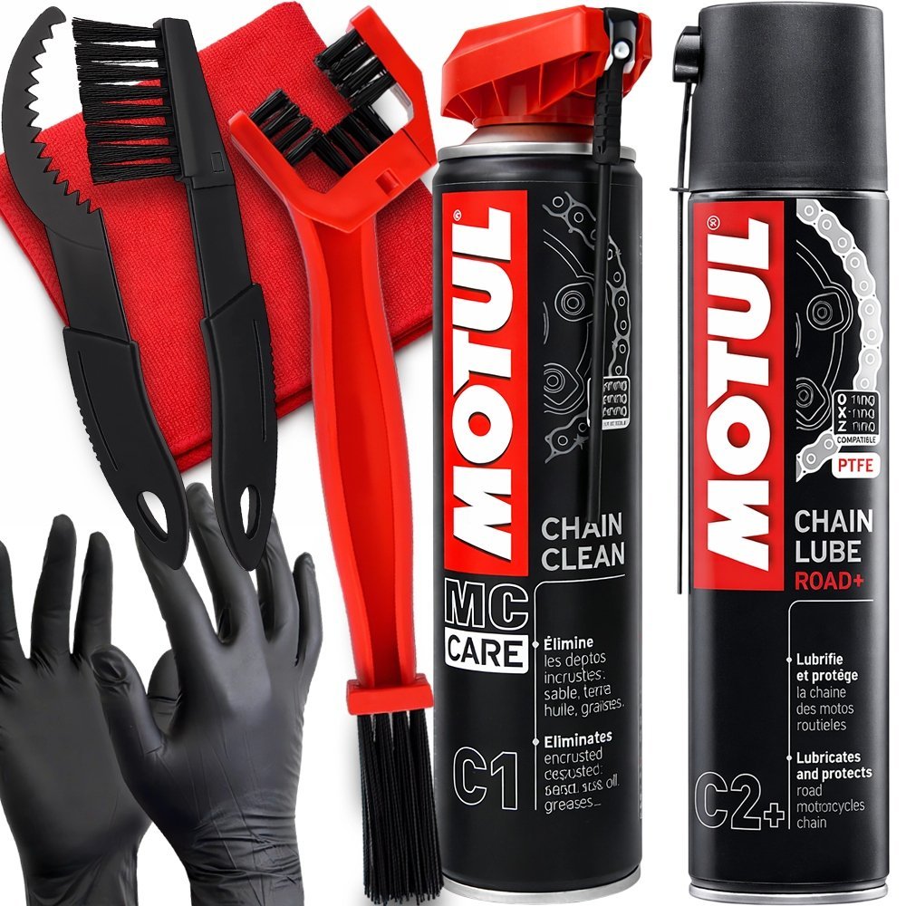 MOTUL ZMYWACZ DO CZYSZCZENIA ŁAŃCUCHA SMAR SZCZOTKI MIKROFIBRA RĘKAWICZKI