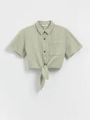 Bluzki dla dziewczynek - Reserved - Muślinowa koszula z wiązaniem - oliwkowy - miniaturka - grafika 1