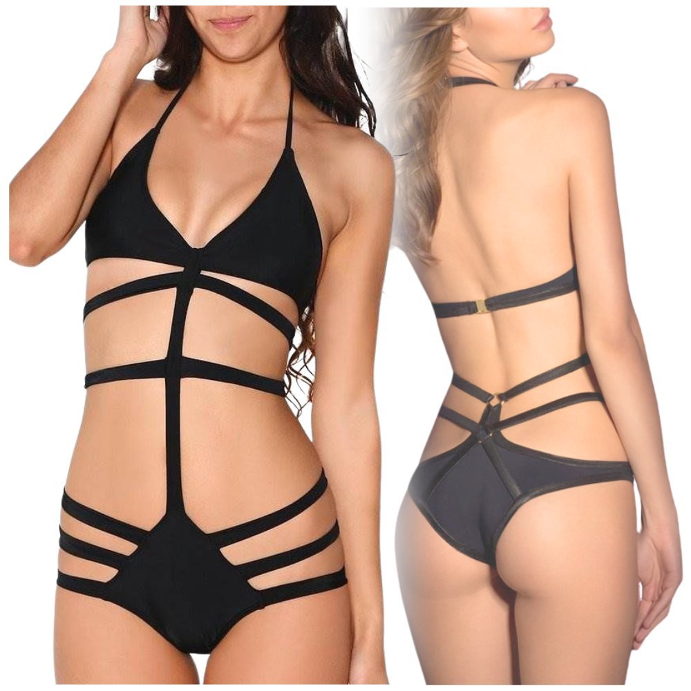 Strój kąpielowy kostium jednoczęściowy bikini czarny paski do opalania M
