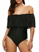 Stroje kąpielowe - JEDNOCZĘŚCIOWY STRÓJ KĄPIELOWY CZARNY KOSTIUM HISZPANKA MONOKINI FALBANA L - miniaturka - grafika 1