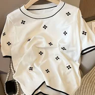 Swetry damskie - TEMU Bluzka Damska z Krótkim Rękawem - Luźny Fason, Okrągły Dekolt w Kolorowe Bloki z Czarnym Haftowanym Wzorem Geometrycznym, Lekka i Oddychająca na - miniaturka - grafika 1