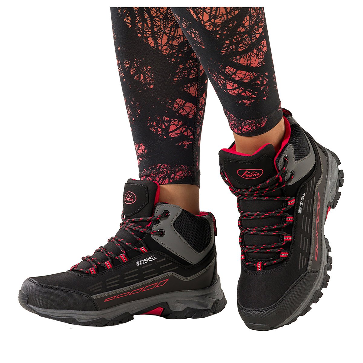 Czarne buty trekkingowe damskie z czerwonymi dodatkami sznurowane softshell Casu Y7994-6-37