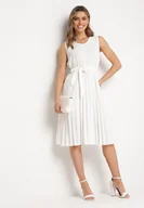 Sukienki - Biała Rozkloszowana Sukienka Midi Plisowana z Materiałowym Paskiem Varethia - miniaturka - grafika 1