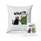 Gadżety dla niej i dla niego - ZESTAW PODUSZKA + kubek Kot choinka śmieszny wzór + IMIĘ - miniaturka - grafika 1