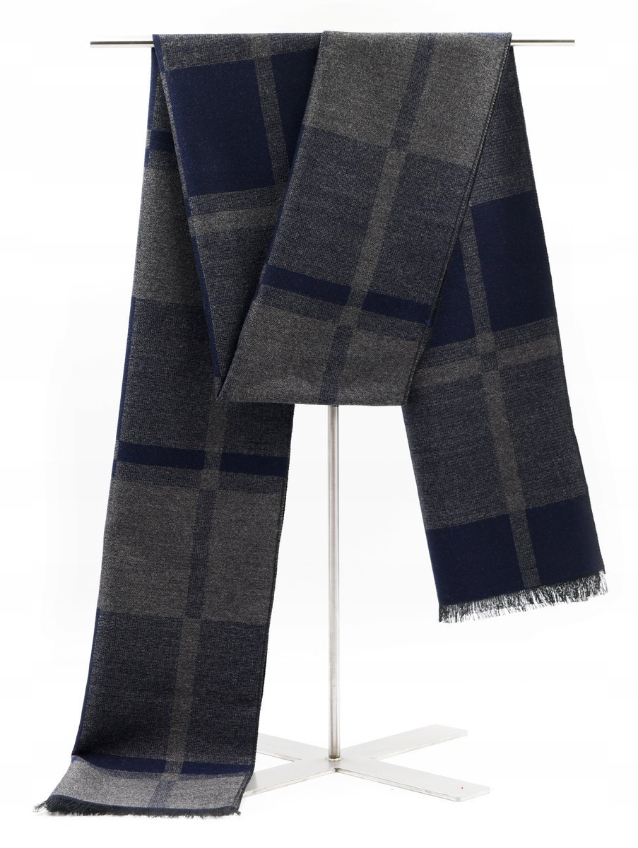 Szal Szalik Męski Grafitowo - Granatowa Kratka