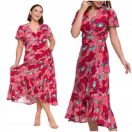 Sukienki - SUKIENKA DAMSKA MIDI Wzorzysta Elegancka Kopertowy Dekolt Kwiaty MORAJ S - miniaturka - grafika 1