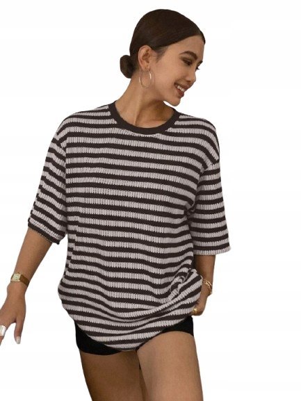 SHEIN T-SHIRT Z OKRĄGŁYM DEKOLTEM W PASKI DZIANINOWY M 1HA