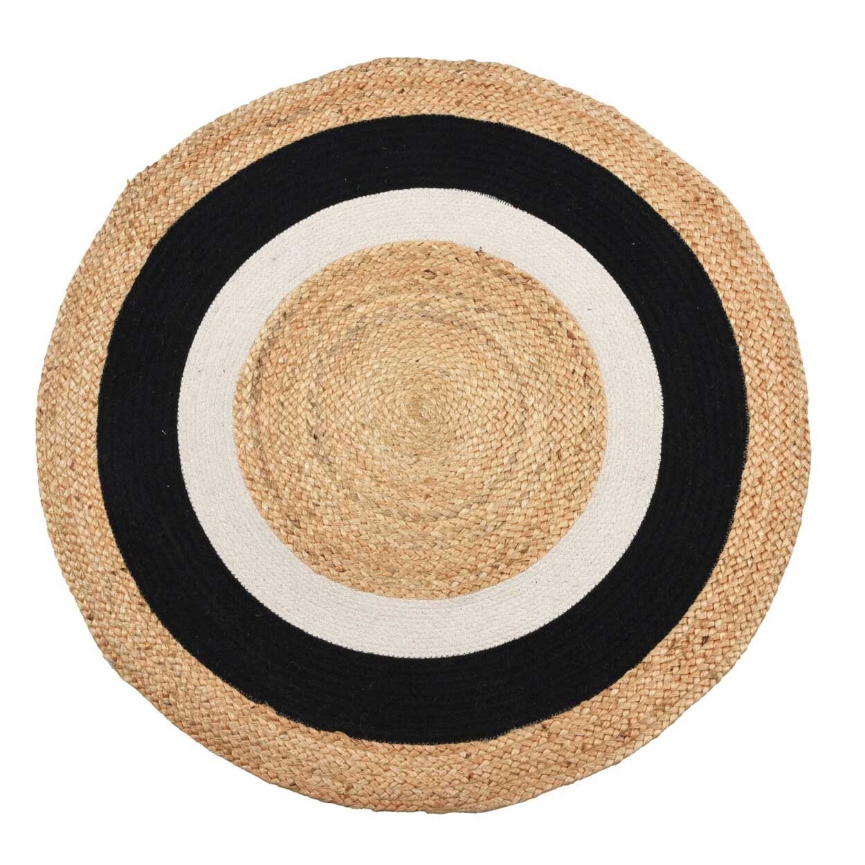 H&S Decoration dywanik okrągły boho czarny biały beżowy bawełna juta 90x90x0,5 cm