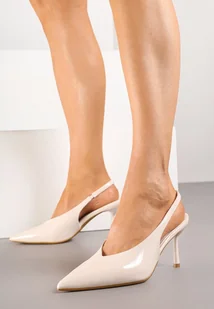 Beżowe Sandały Lakierowane na Szpilce Bez Pięty Fenesia - Sandały damskie - miniaturka - grafika 1