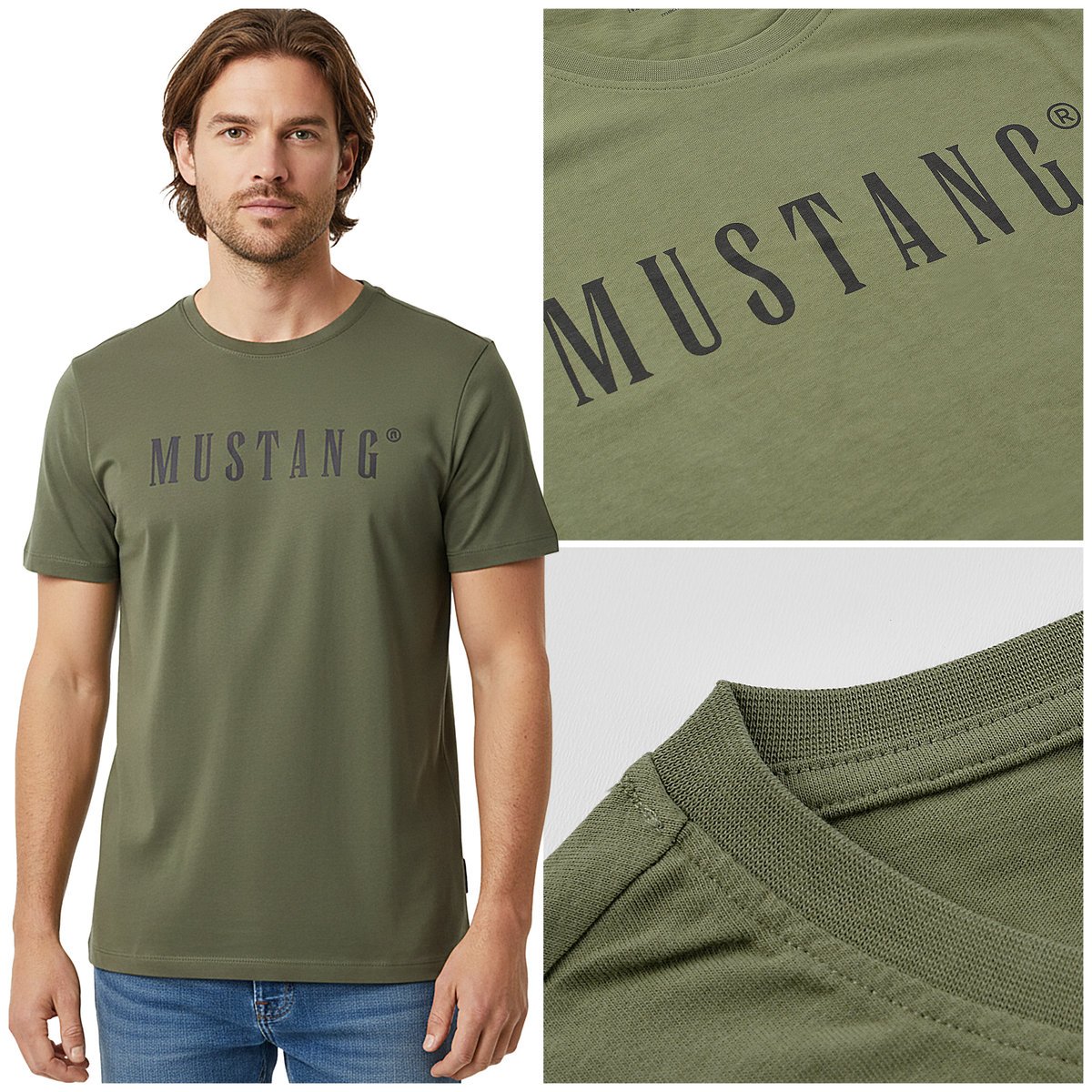 Mustang Koszulka Męska T-shirt Bawełniana 4222 Zielona Khaki Rozmiar L