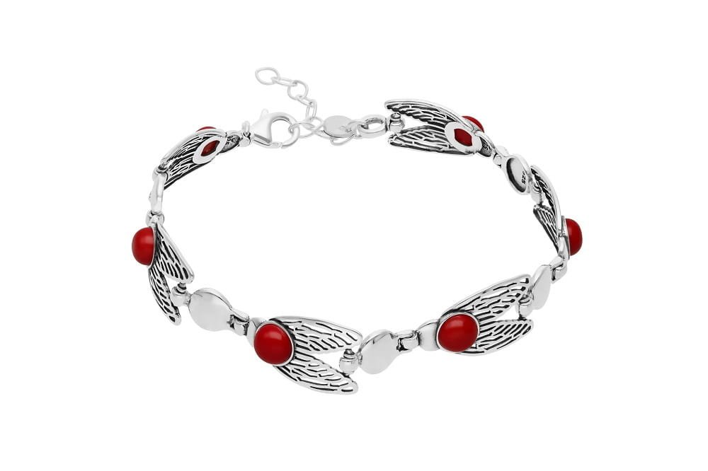Srebrna bransoletka ażurowe skrzydła z czerwonymi kamieniami - Koral pr. 925