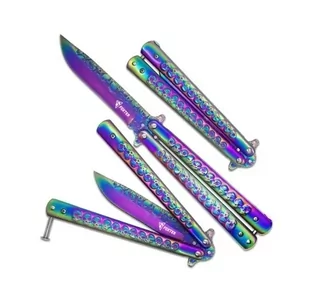 Nóż Motylkowy Ostry Motylek Do Treningu Tęczowy  Fade 25 cm Czaszki - Noże - miniaturka - grafika 1