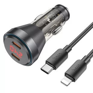 HOCO ładowarka samochodowa 2 x Typ C QC 30W z wyświetlaczem + kabel Typ C do Lightning PD60W NZ12C transparentna czarna - Akcesoria do smartwatchy - miniaturka - grafika 1