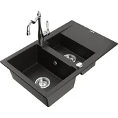 Zlewozmywaki z baterią - Mexen Gaspar zlewozmywak granitowy 1,5-komorowy z ociekaczem i baterią kuchenną Carla, czarny/złoty metalik - miniaturka - grafika 1