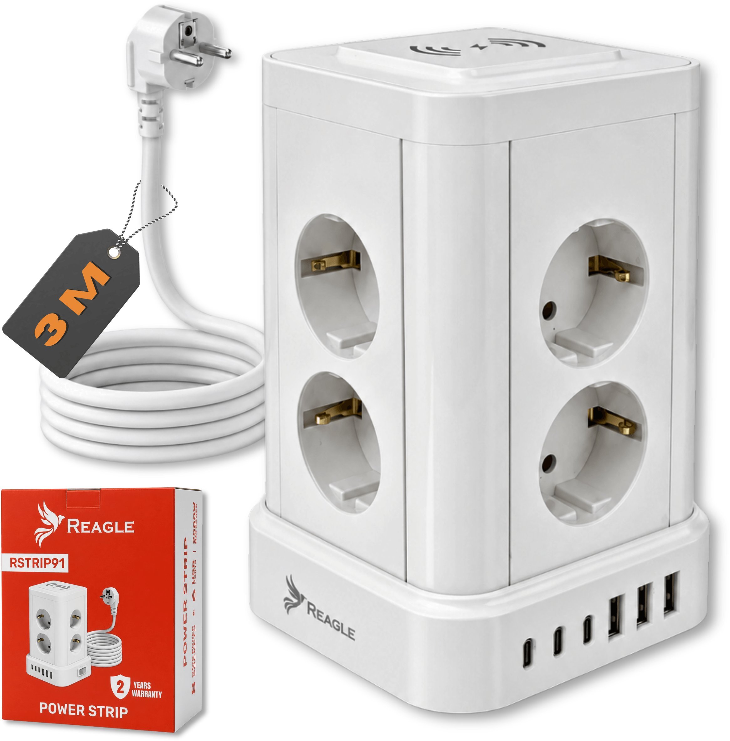 Listwa zasilająca Reagle LISTWA ZASILAJĄCA STOJĄCA PRZEDŁUŻACZ 3M ANTYPRZEPIĘCIOWA 8 GNIAZD 6x USB REAGLE