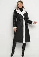 Płaszcze damskie - Czarny Dwurzędowy Płaszcz z Imitacji Skóry z Wiązanym Paskiem i Futrem Guritte - miniaturka - grafika 1