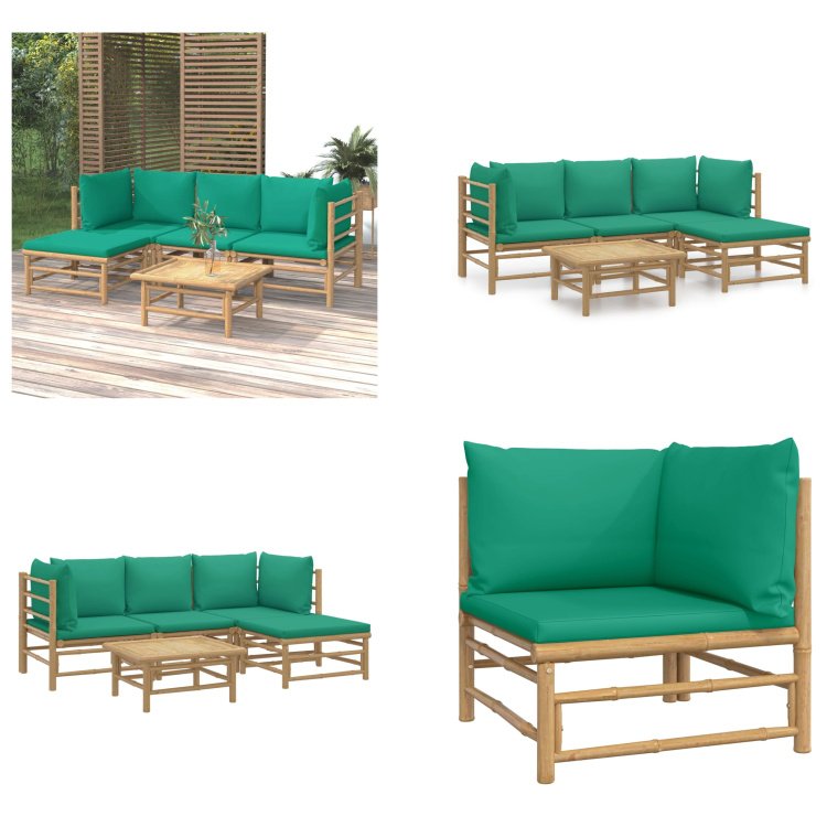 vidaXL 5-częściowy zestaw wypoczynkowy do ogrodu z zielonymi bambusowymi poduszkami - Zestaw wypoczynkowy do ogrodu - Zestawy wypoczynkowe do ogrodu - Zestaw wypoczynkowy - Zestaw mebli ogrodowych