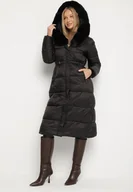 Kurtki damskie - Czarna Długa Kurtka Puchowa z Pikowanymi Przeszyciami i Kapturem z Futrem Zevea - miniaturka - grafika 1