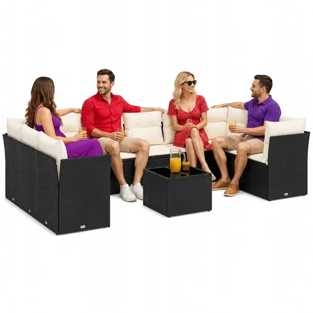Zestaw mebli ogrodowych modułowych czarny rattan PE z poduszkami 55x62x69