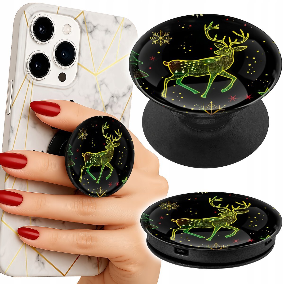 Uchwyt do telefonu Popsocket na palce/stojak RENIFER, PŁATEK ŚNIEGU CHOINKA