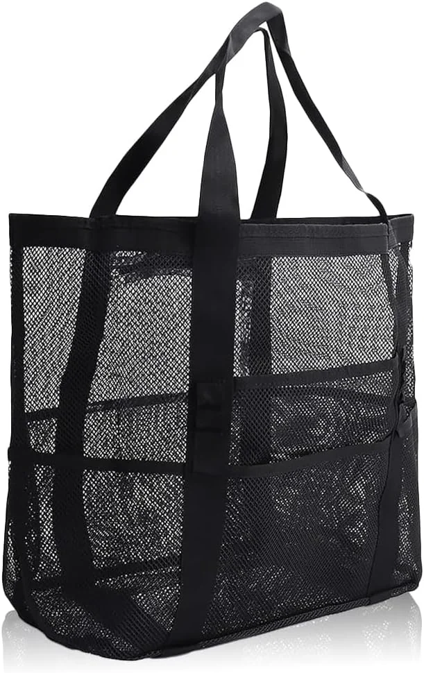 Siateczkowa torba plażowa XXL z zamkiem, 43x20x39 cm, czarna, na basen