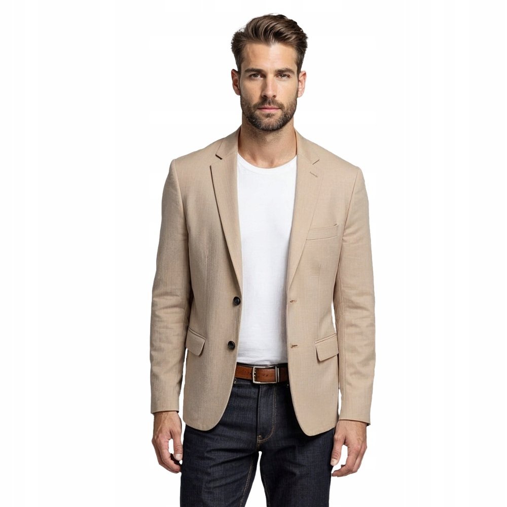 Elegancka męska marynarka z rayonem beżowa Ombre OM-BLZB-0135 V2 roz. L