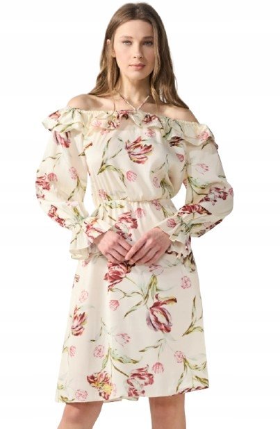Anna Field Beżowa Sukienka w Kwiaty z Odkrytymi Ramionami XL Kwa