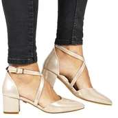 Czółenka - CZÓŁENKA NA NISKIM OBCASIE SERGIO LEONE 830 ZŁOTY SATYNOWY - miniaturka - grafika 1