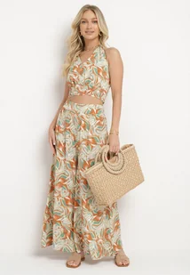 Pomarańczowo-Zielony Bawełniany Komplet Top na Ramiączkach z Gumką w Talii Szerokie Spodnie Palazzo Hoadia - Komplety damskie - miniaturka - grafika 1