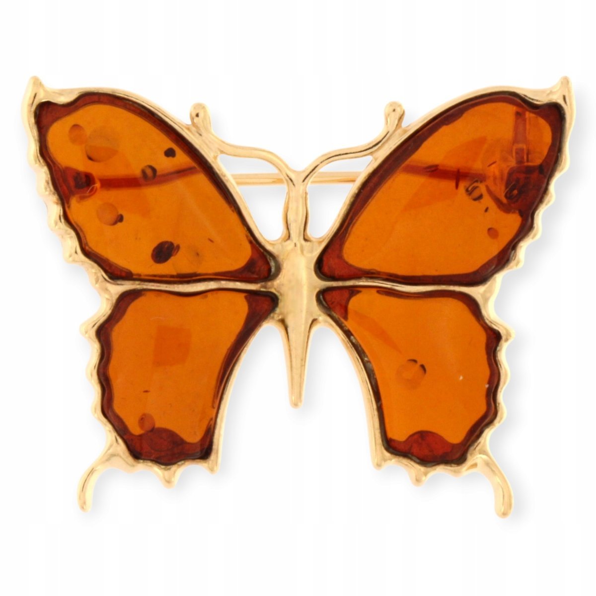 Broszka srebrna pozłacana motyw motyl, Broszka Bursztynowa - koniak