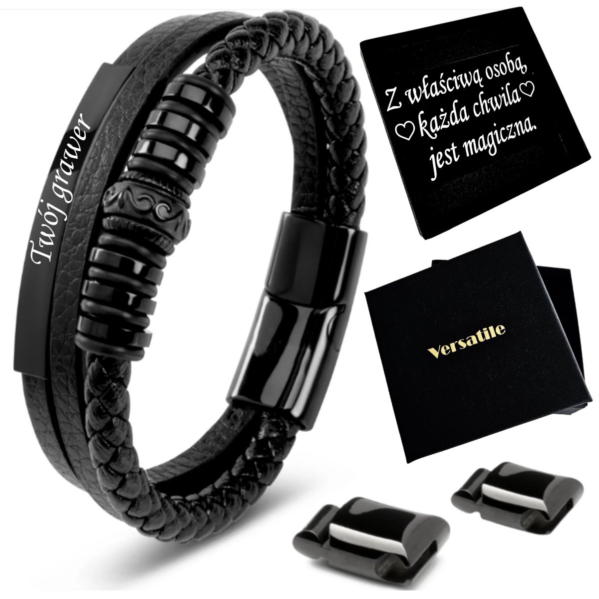 Bransoletka Męska Skórzana Czarna Regulowana 21-24Cm! Jakość Versatile