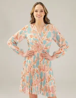 Sukienki - KOLOROWA SUKIENKA Z PLISAMI 31-8056 BEIGE - Unisono - miniaturka - grafika 1