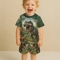 Dresy i komplety dla chłopców - TEMU Zestaw dla z krótkim rękawem z nadrukiem 3D dinozaurów - stylowy : koszulka i szorty z grafiką, jaskrawy prehistoryczny motyw zwierzęcy, wygodny - miniaturka - grafika 1